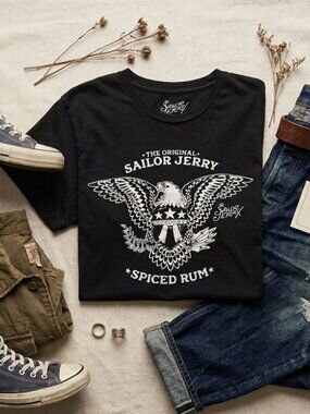 Sailor Jerry Spiced Rum Graphic T-Shirt Eagle Tattoo Art Black Tee -L